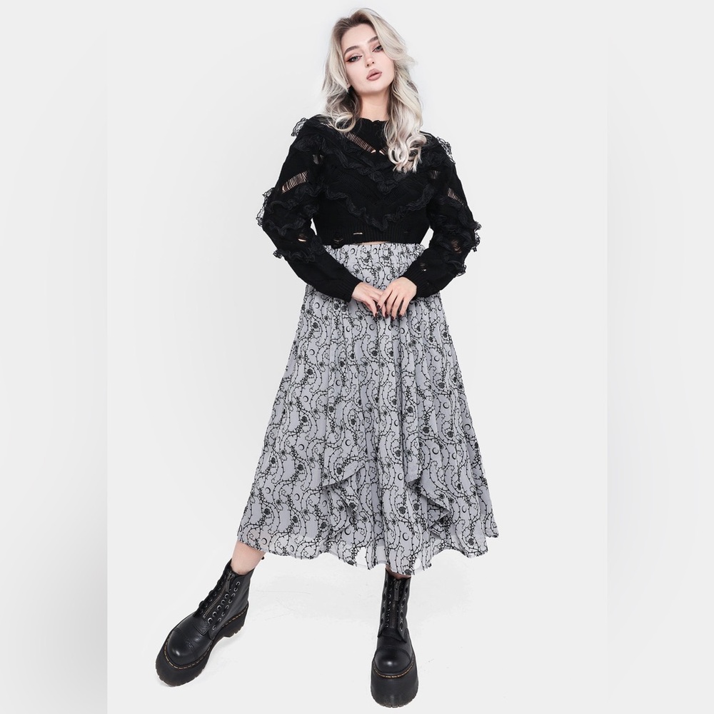 Disturbia Rosethorn Flocked Velour Chiffon Ruffle Midi Skirt - Blue US 4 / UK 8